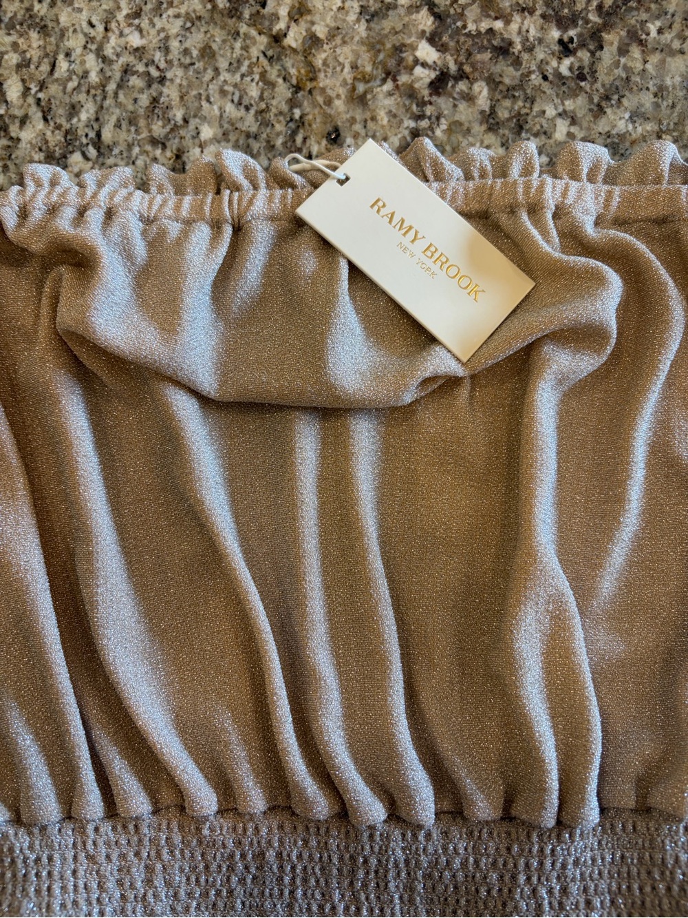 Ramy Brook Shimmery Beige Strapless Ruffle Mini Dress - Picture 2 of 4